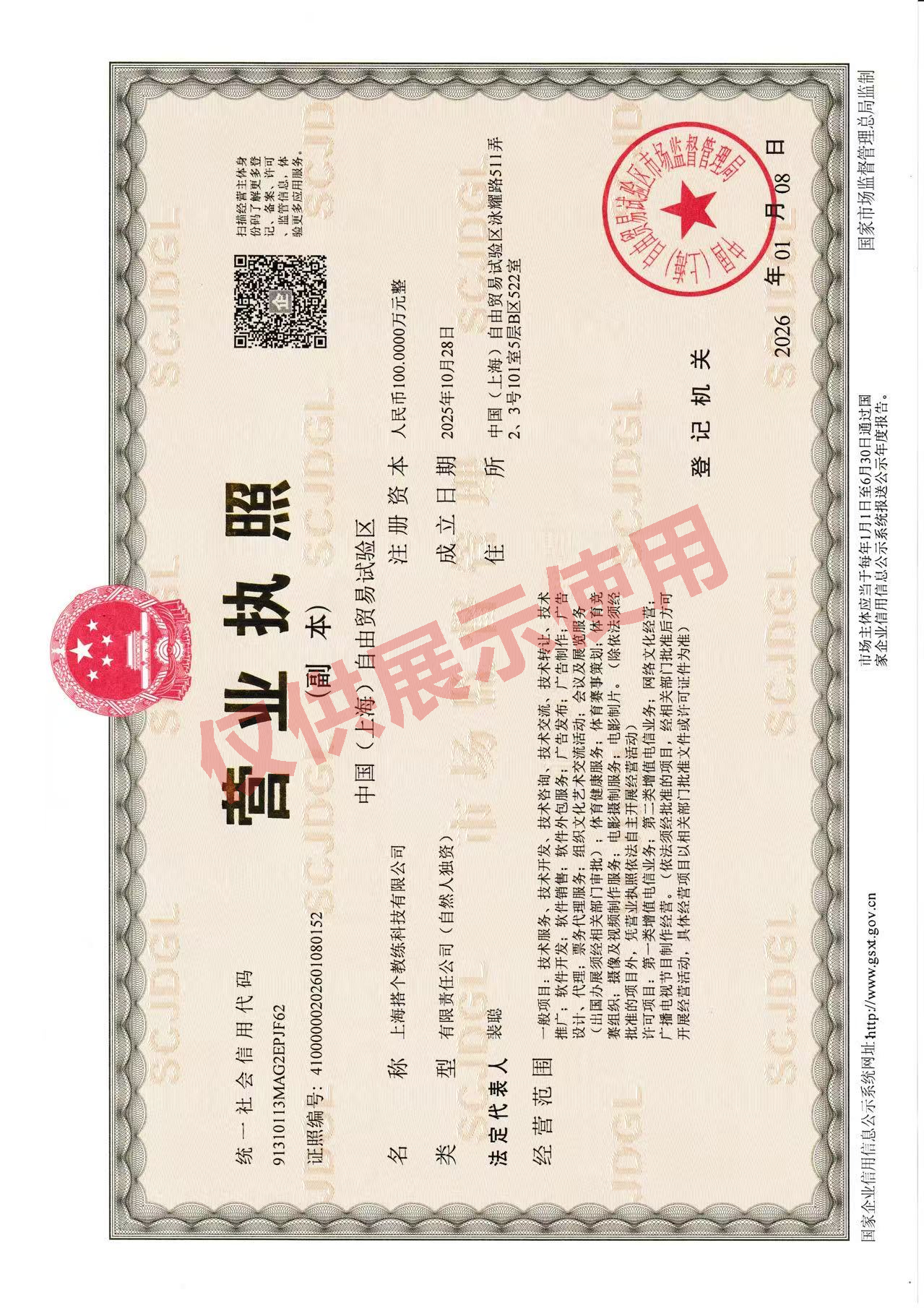 上海搭个教练科技有限公司营业执照展示图